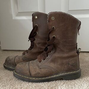 Dr. Martens Brown Leather Steel Toe Lace-Up 8in Safety Boots w Yellow Stitching